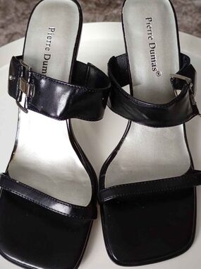 Pierre Dumas Black Patent Square-Toe Slide Mules
